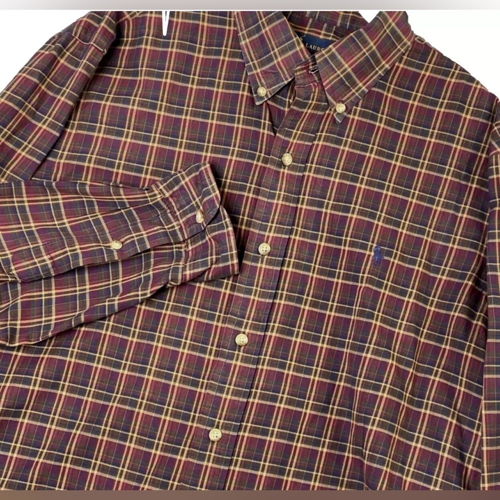 Ralph Lauren Shirt Mens L Plaid Long Sleeve Button Down Pony Navy Burgundy Tan